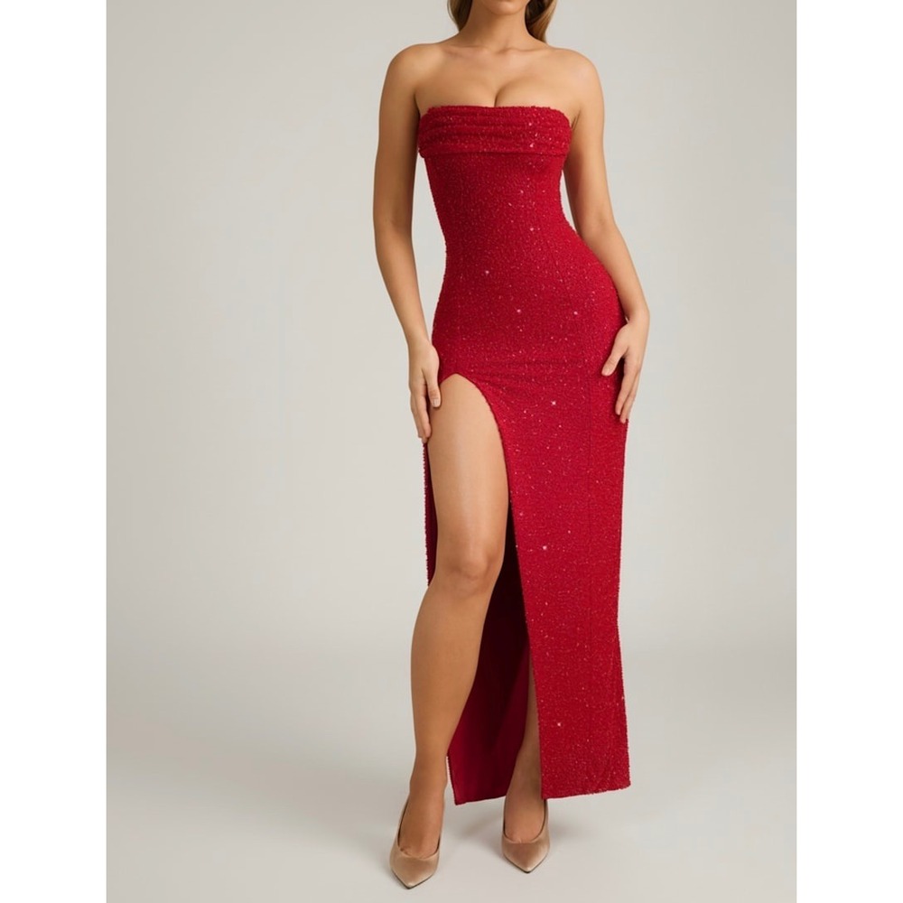 Oh Polly Red Sequin Strapless Maxi‎ Dress High Slit Formal Gown US 10 NWT